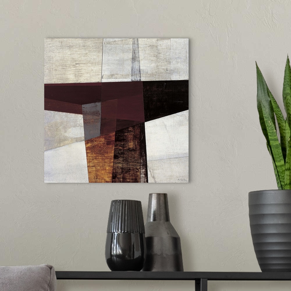 A modern room featuring Sharp angles and rigid shapes give this abstract painting a sense of depth and life.