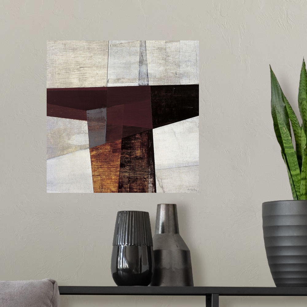 A modern room featuring Sharp angles and rigid shapes give this abstract painting a sense of depth and life.