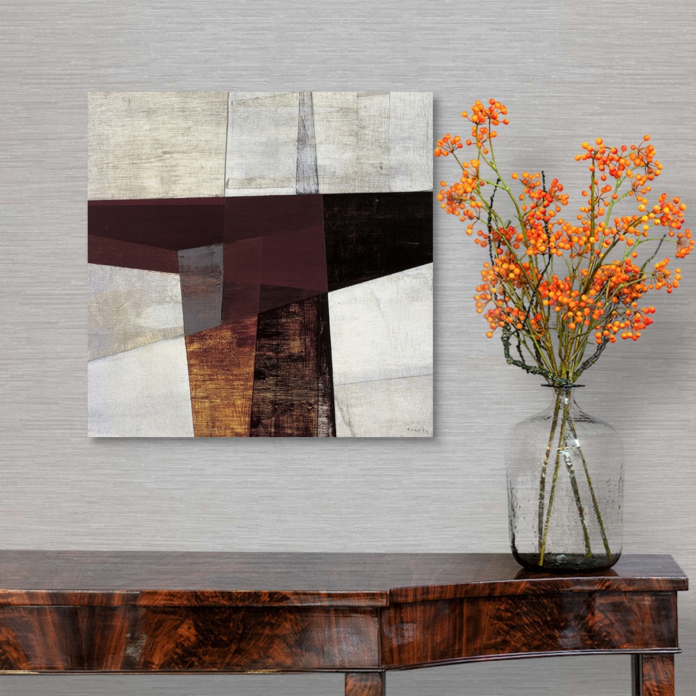 A traditional room featuring Sharp angles and rigid shapes give this abstract painting a sense of depth and life.