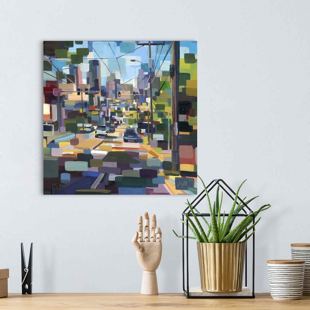 A bohemian room featuring Contemporary abstract painting looking down a neighborhood street deconstructed in to geometric s...