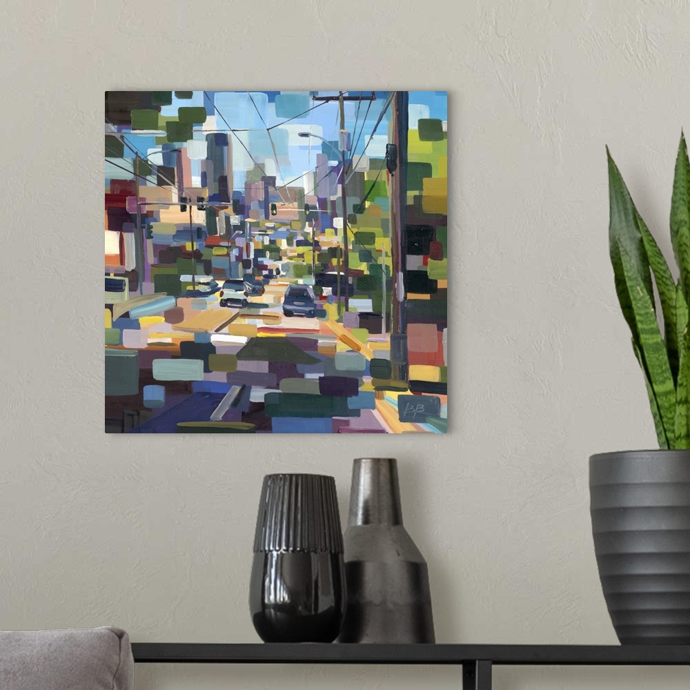 A modern room featuring Contemporary abstract painting looking down a neighborhood street deconstructed in to geometric s...