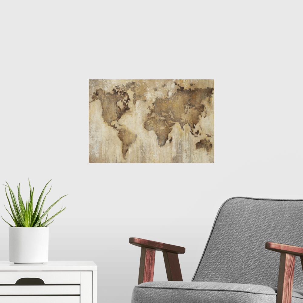 A modern room featuring Home decor artwork of a weathered looking world map.