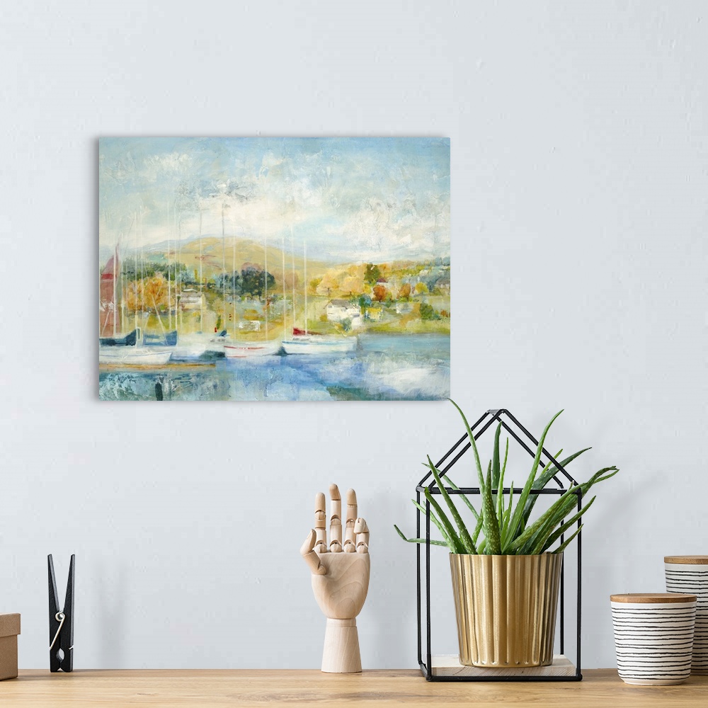A bohemian room featuring Contemporary painting looking out at a marina filled with sailboats.