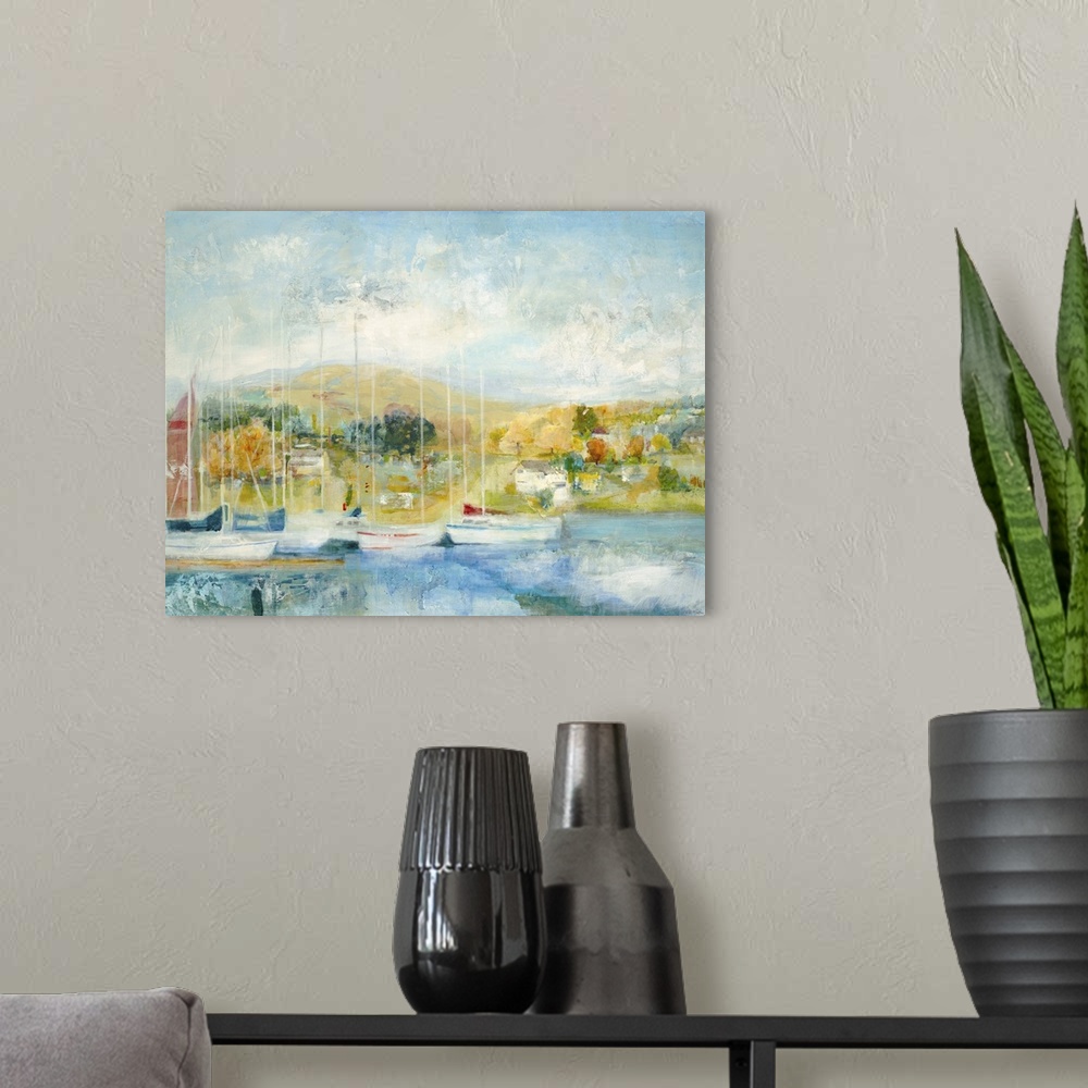 A modern room featuring Contemporary painting looking out at a marina filled with sailboats.