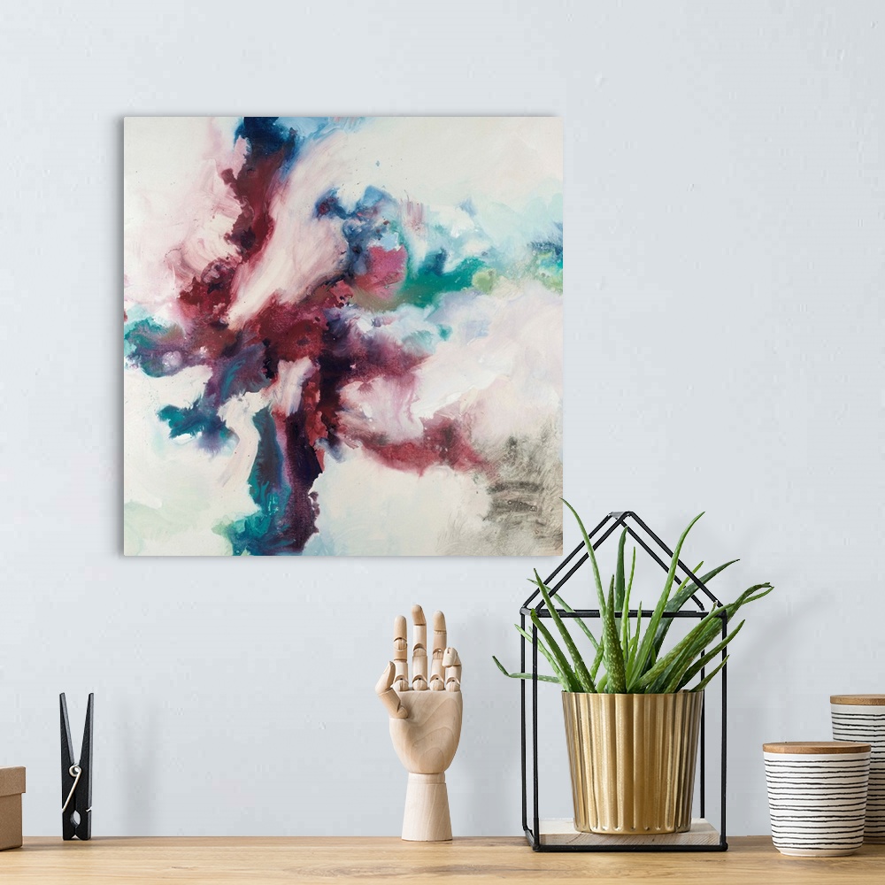 A bohemian room featuring Square abstract painting with shades of blue, green, gray, and white with bold marsala hues pulli...