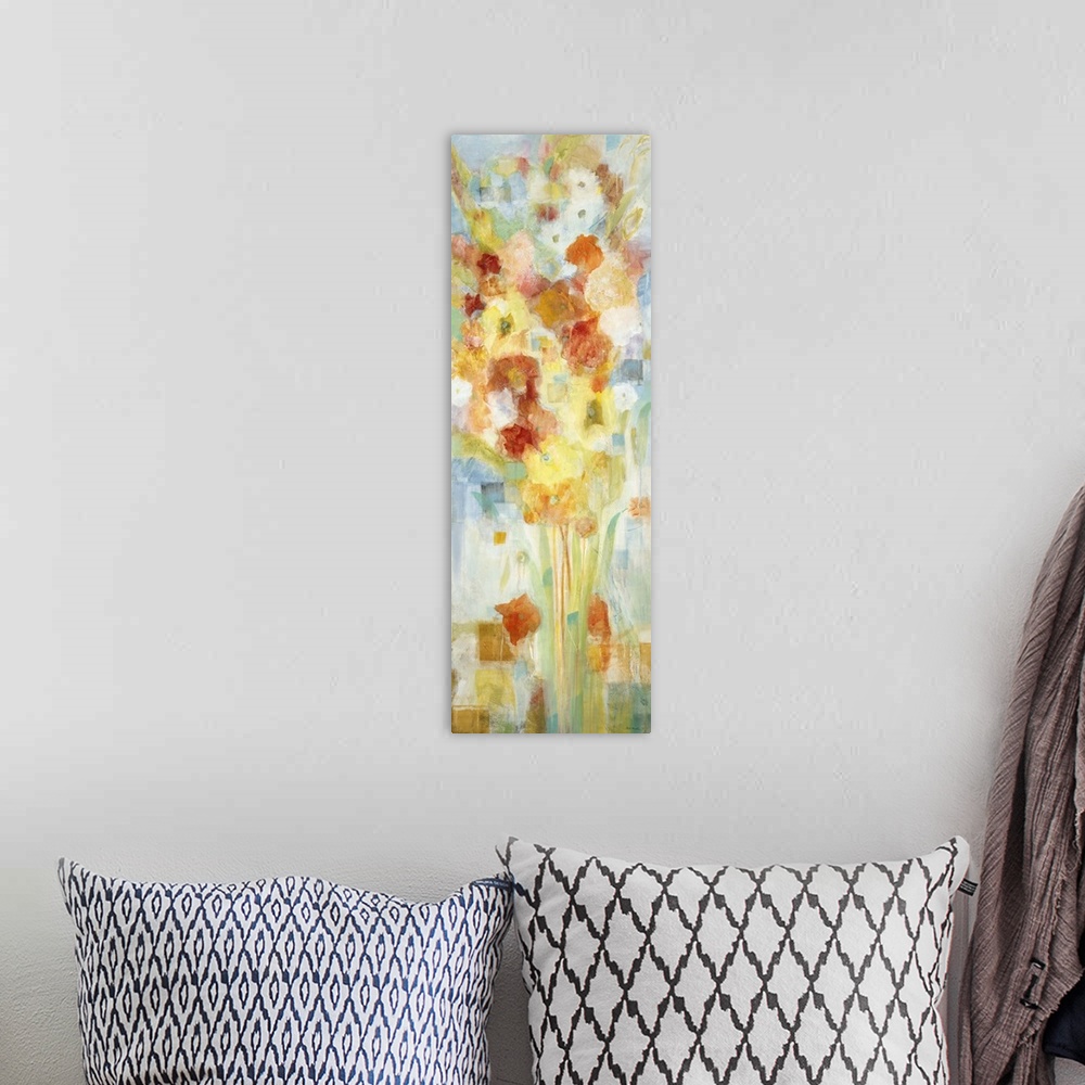 A bohemian room featuring A contemporary painting of flowers in red orange and yellow tones.