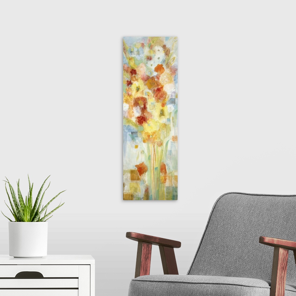 A modern room featuring A contemporary painting of flowers in red orange and yellow tones.