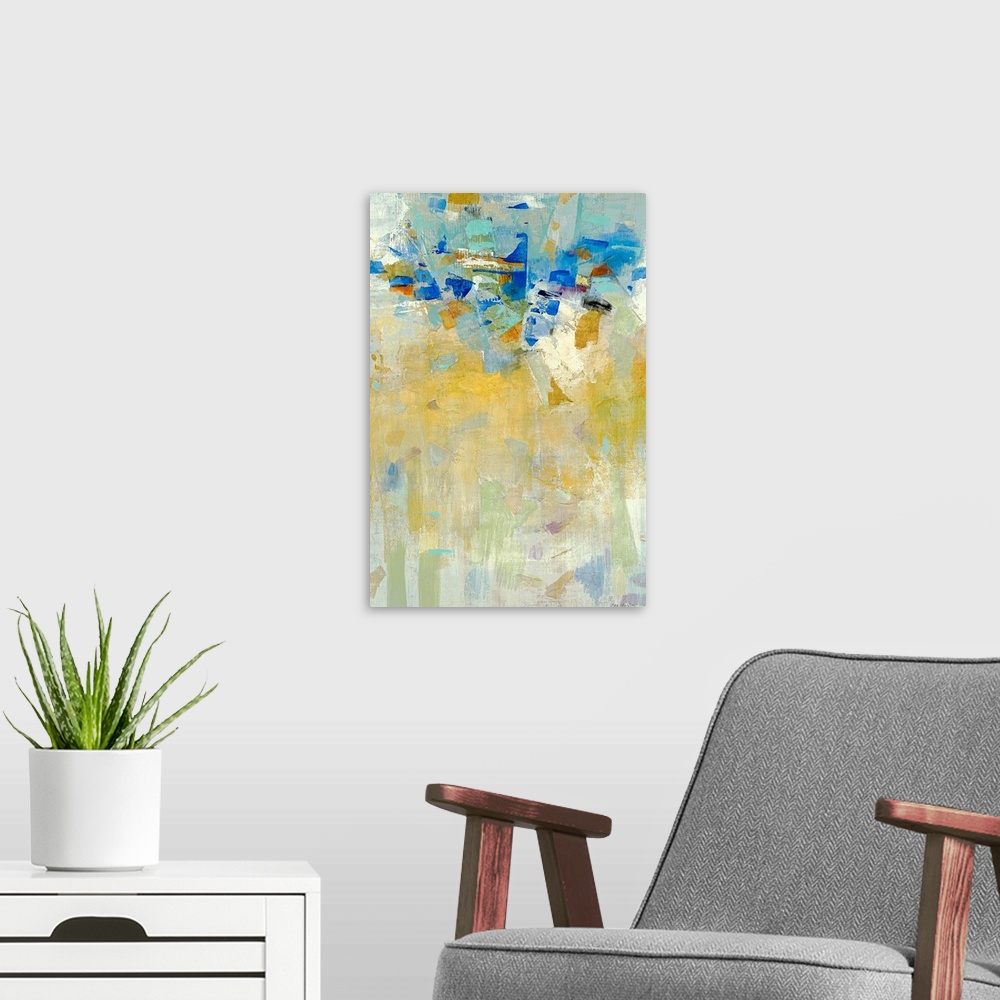 A modern room featuring Panoramic abstract art incorporates a muted background overlaid with jagged scraps of cool tones ...