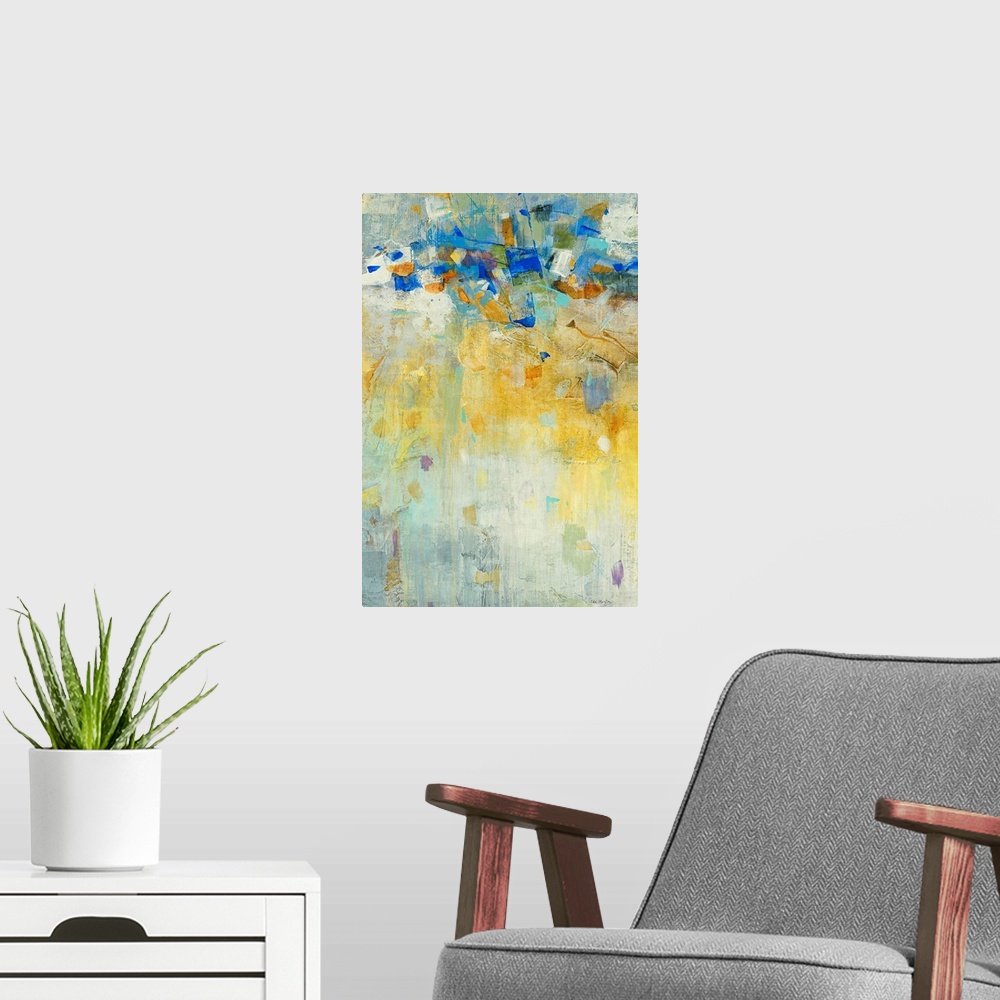 A modern room featuring This vertical abstract painting is created with differ styles of brush strokes and layers of pain...