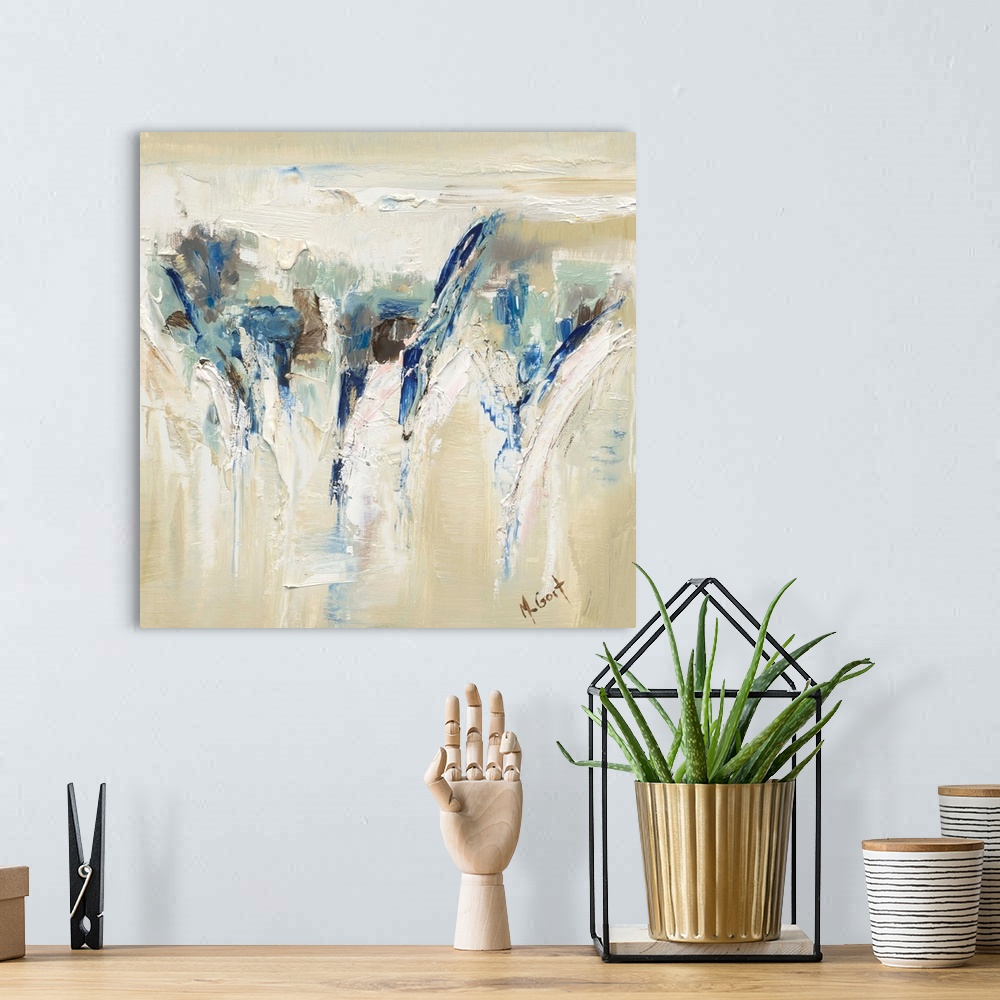 A bohemian room featuring Contemporary painting with an abstract design in the middle on a beige background with blue, gree...