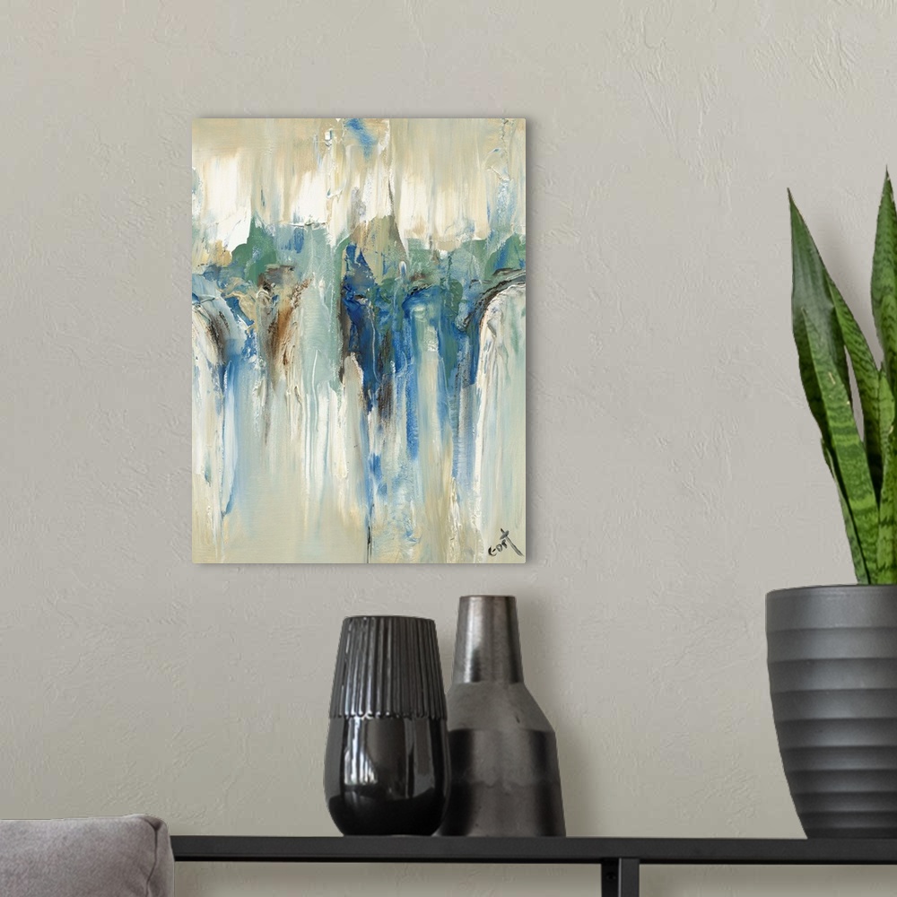 A modern room featuring Large contemporary painting with an abstract design in the middle on a beige background with blue...
