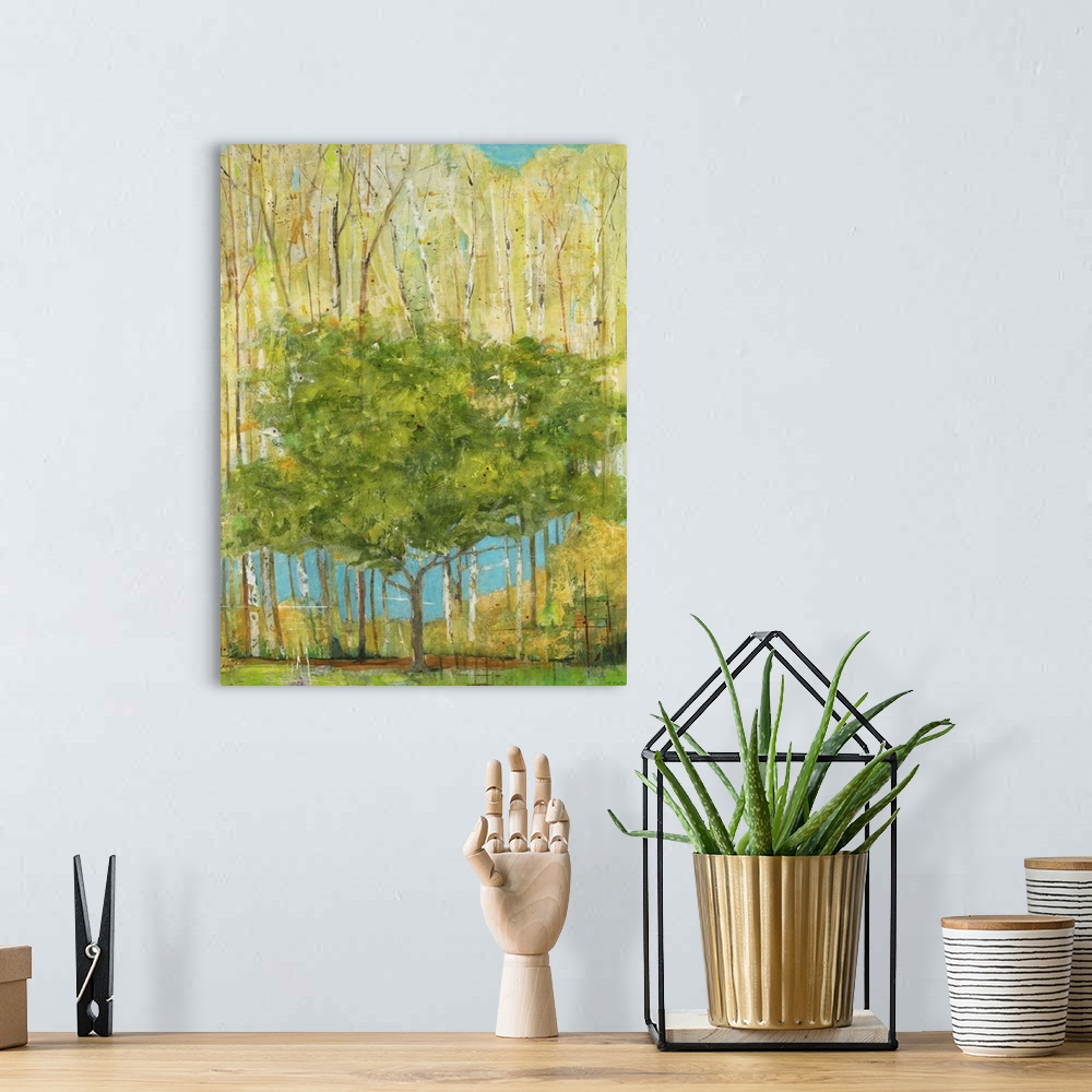 A bohemian room featuring Contemporary painting of a single green tree dwarfed by taller trees with pale foliage.