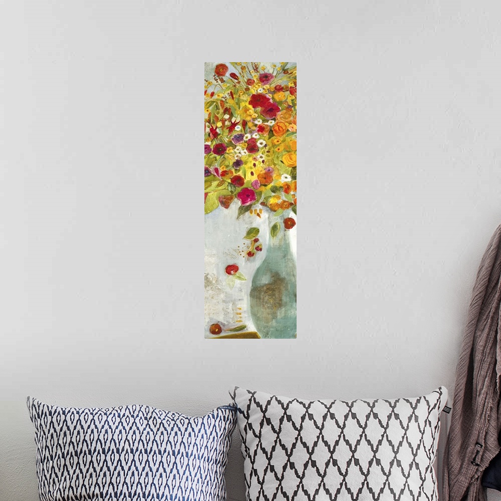 A bohemian room featuring A contemporary painting of a pale blue vase holding flowers in red orange and yellow tones.