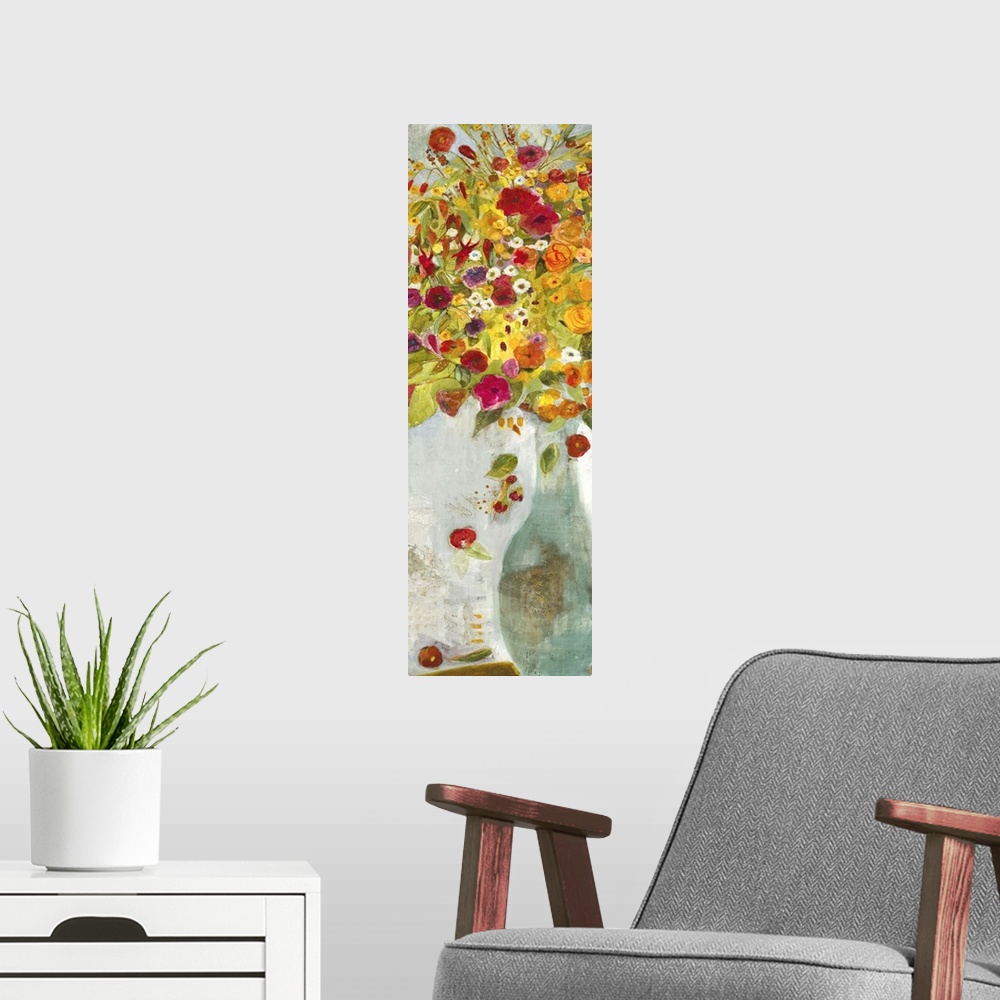 A modern room featuring A contemporary painting of a pale blue vase holding flowers in red orange and yellow tones.