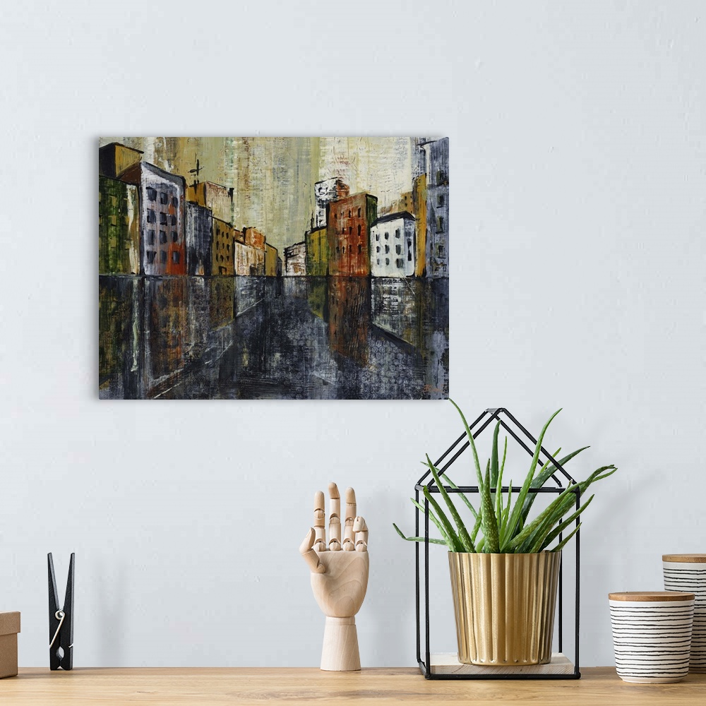 A bohemian room featuring Contemporary painting of a city skyline seen from a river.