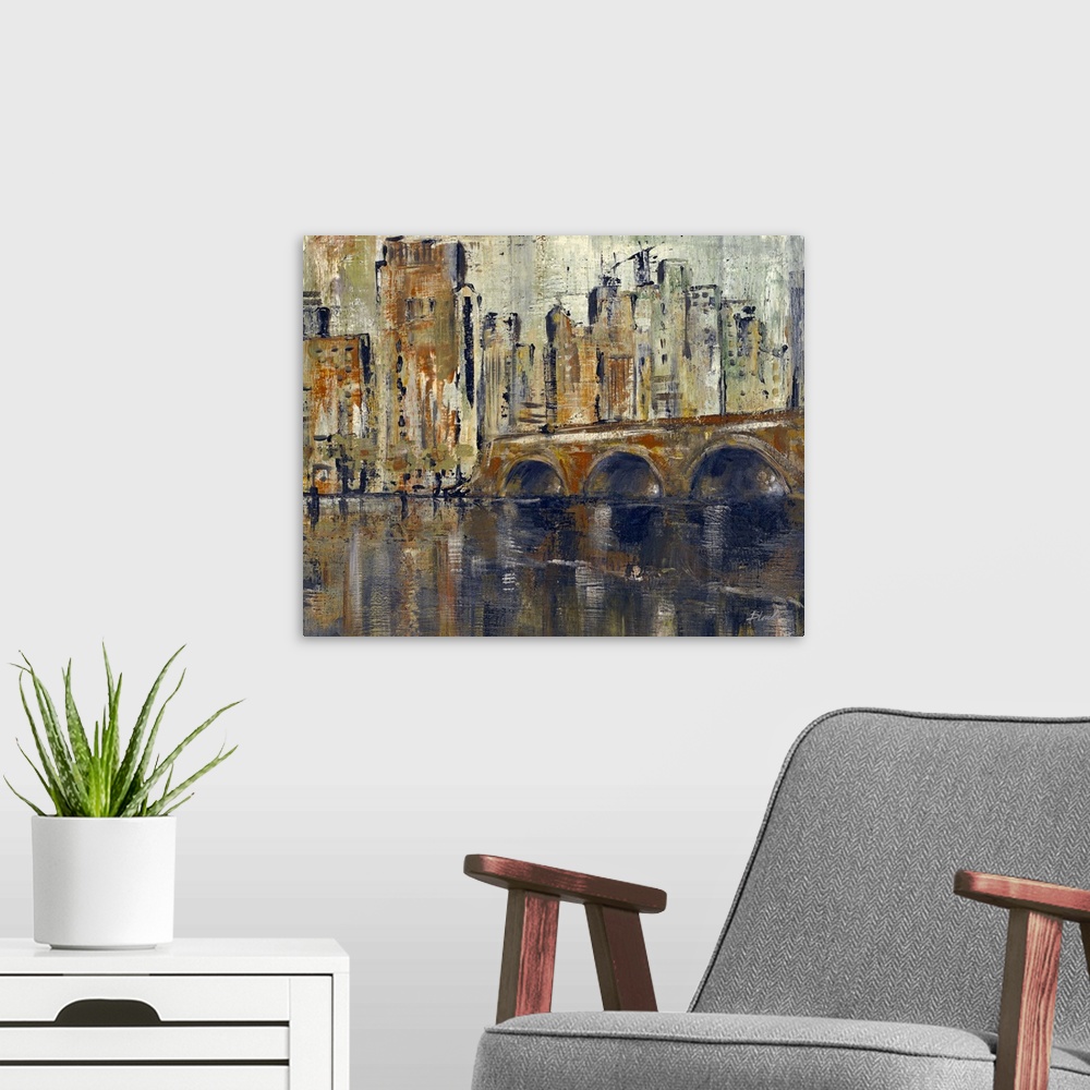 A modern room featuring Contemporary painting of a city skyline seen from a river.