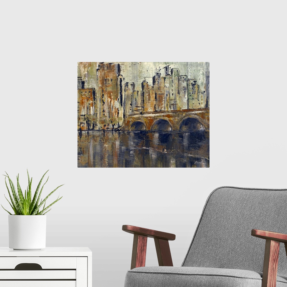 A modern room featuring Contemporary painting of a city skyline seen from a river.