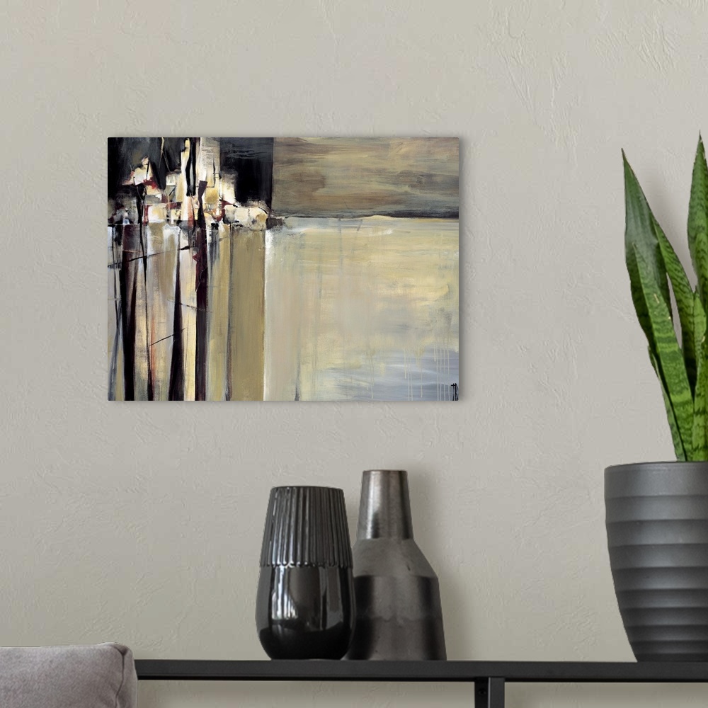 A modern room featuring Abstract painting using cool colors and earth tones creating what looks like a city skyline.