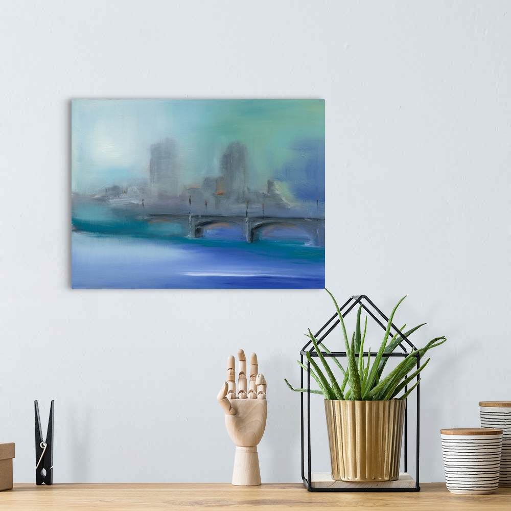 A bohemian room featuring Contemporary abstract painting of a gray city skyline with a bridge and bright blue water in the ...
