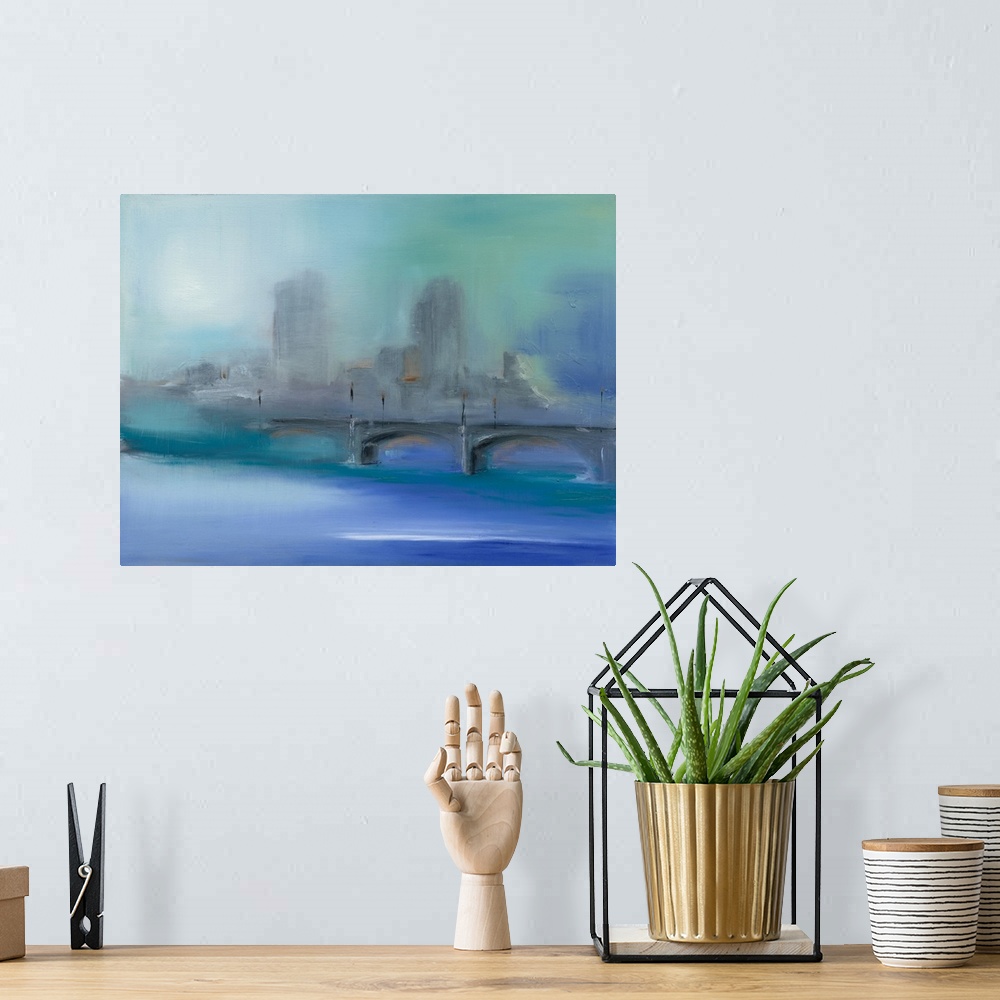 A bohemian room featuring Contemporary abstract painting of a gray city skyline with a bridge and bright blue water in the ...