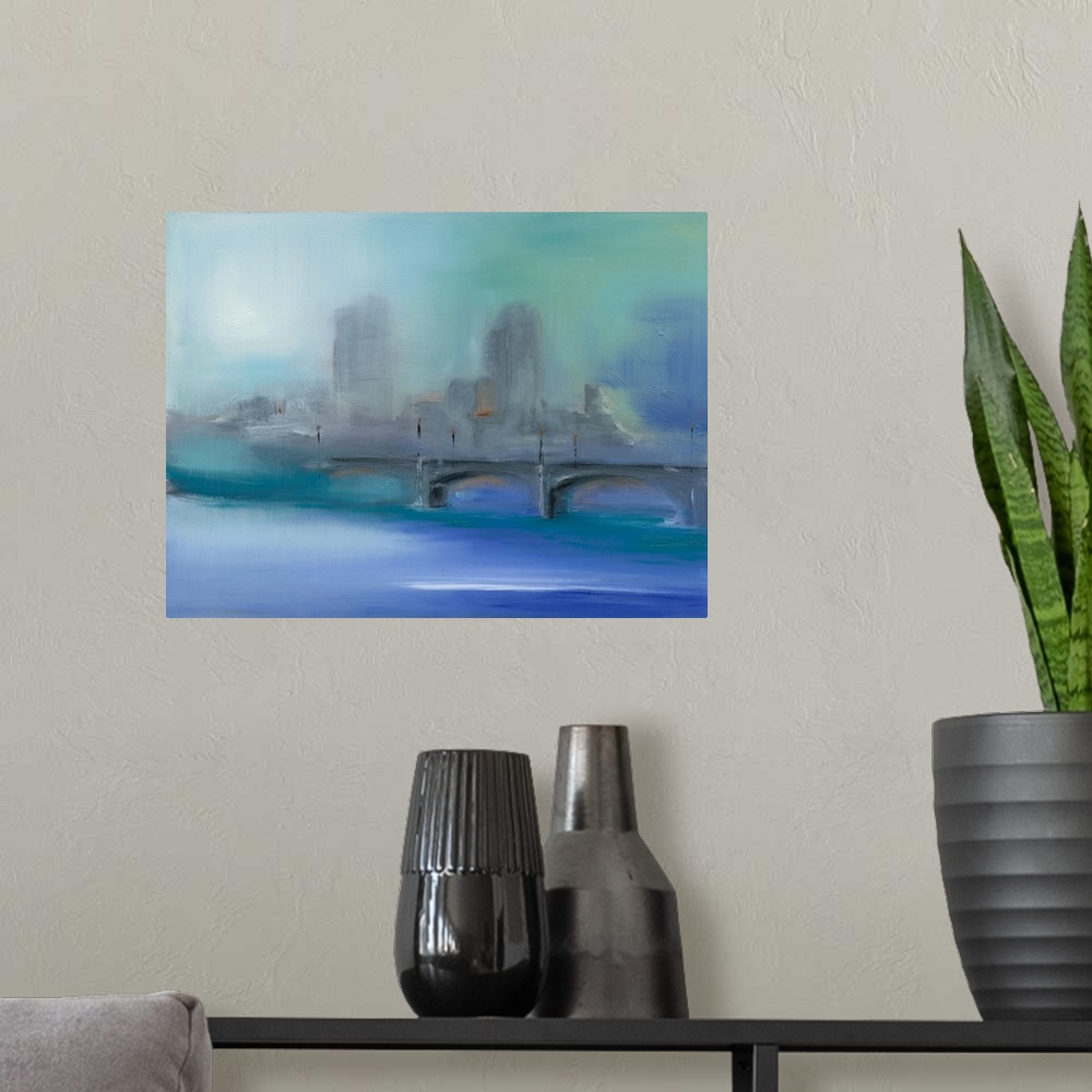 A modern room featuring Contemporary abstract painting of a gray city skyline with a bridge and bright blue water in the ...