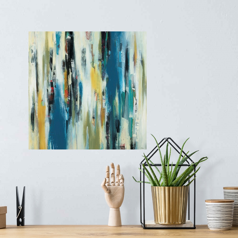 A bohemian room featuring Contemporary abstract painting using a a color palette of a blue yellow and green tones in vertic...