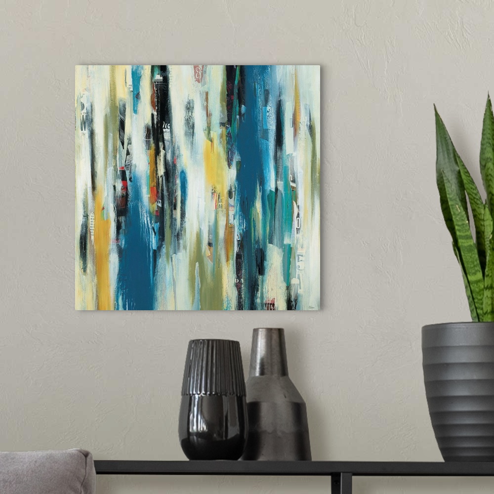A modern room featuring Contemporary abstract painting using a a color palette of a blue yellow and green tones in vertic...