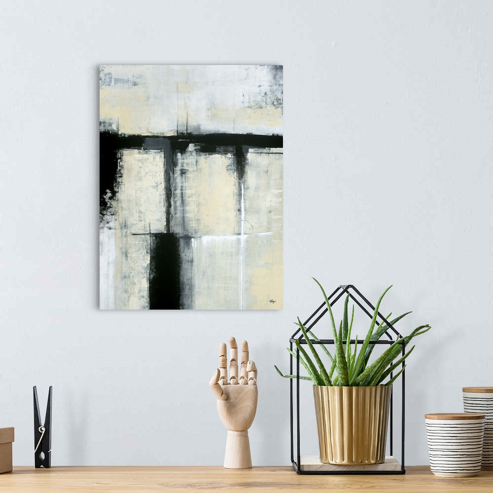 A bohemian room featuring A contemporary abstract painting using neutral colors in a distressed look.