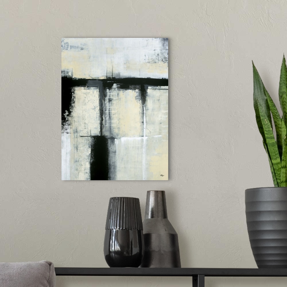 A modern room featuring A contemporary abstract painting using neutral colors in a distressed look.