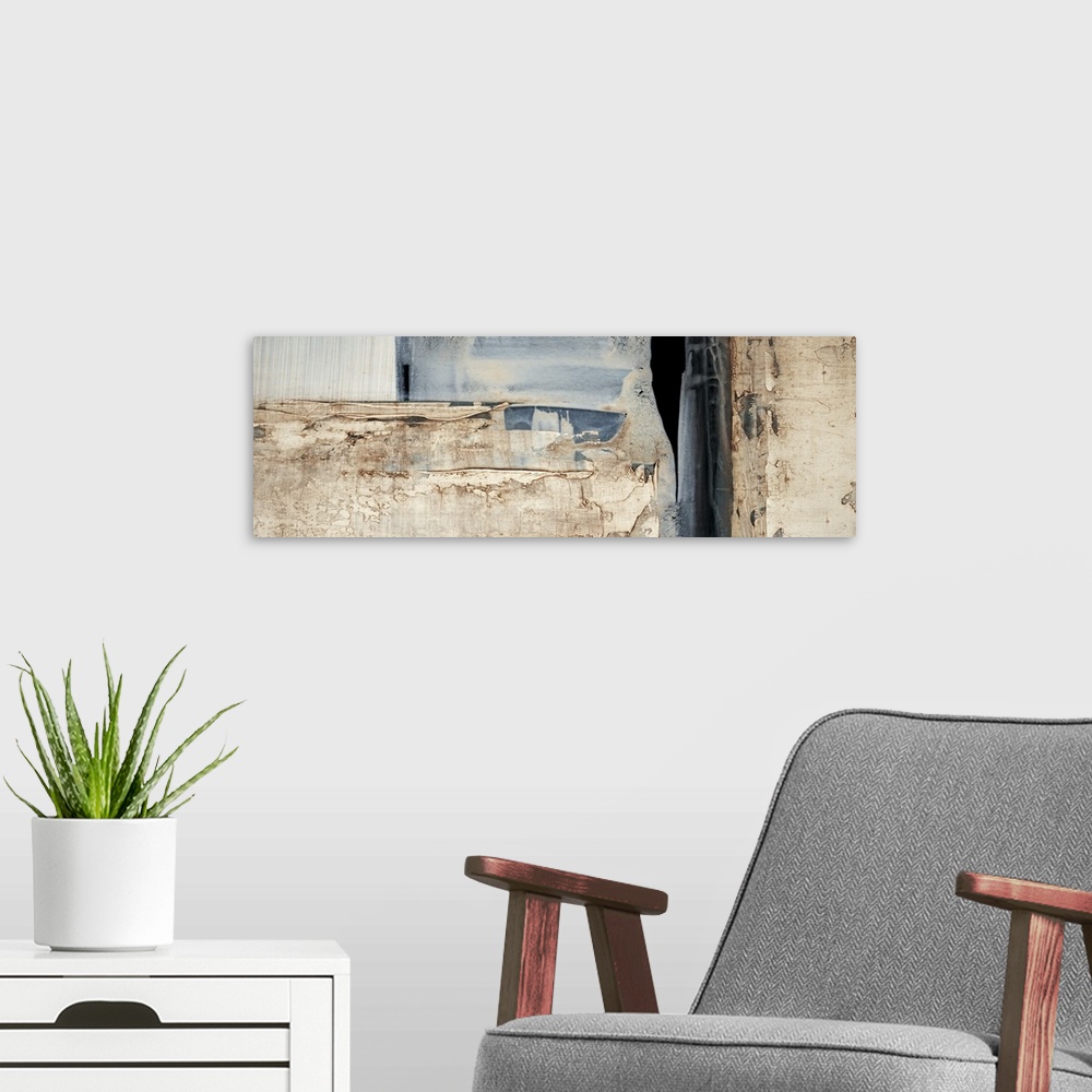 A modern room featuring Contemporary abstract painting using cool tones mixed neutral tones.