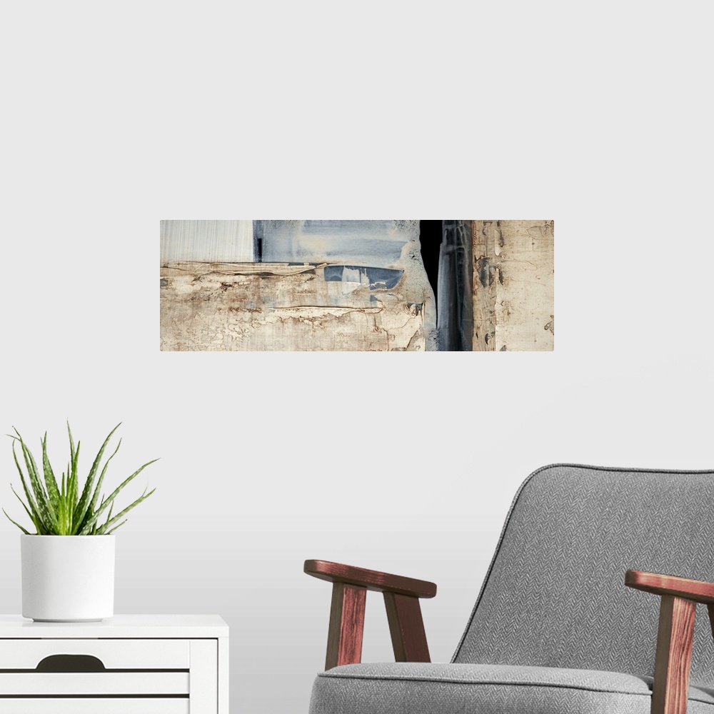 A modern room featuring Contemporary abstract painting using cool tones mixed neutral tones.