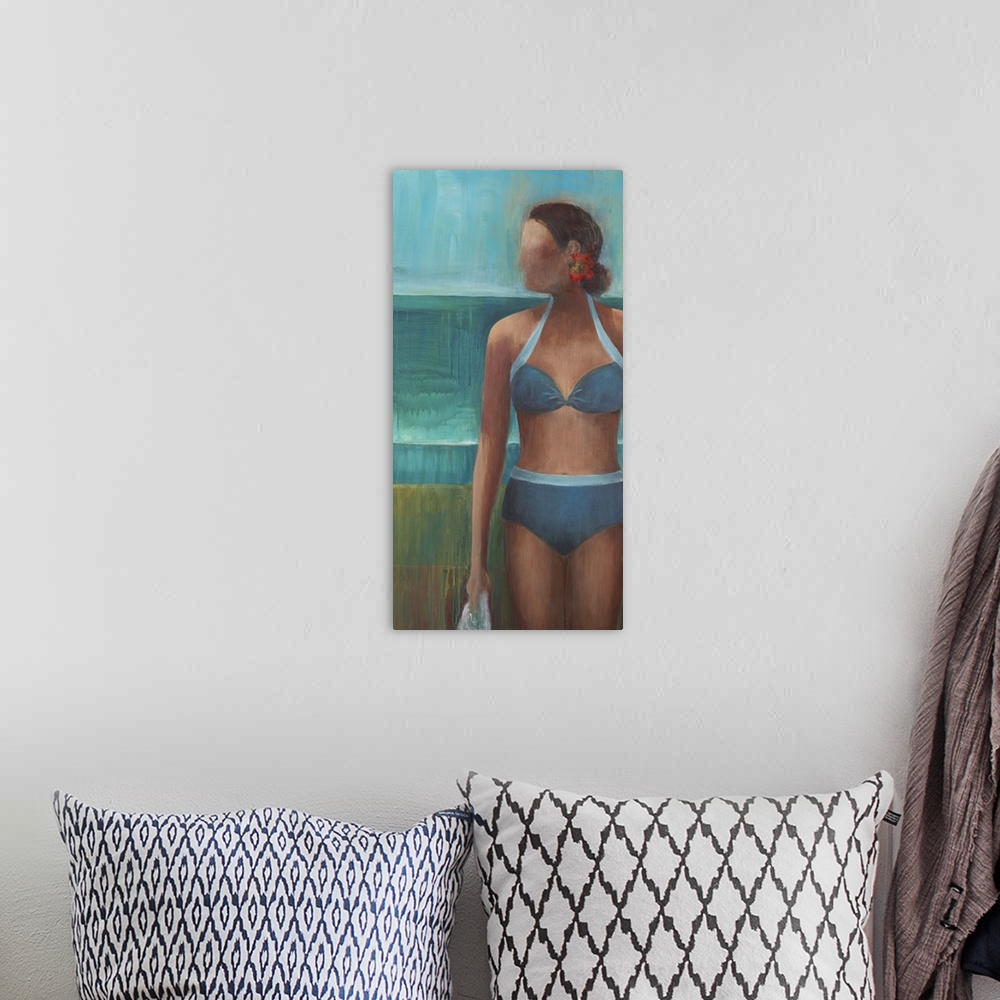 A bohemian room featuring Contemporary figurative painting of a woman wearing a blue bikini.