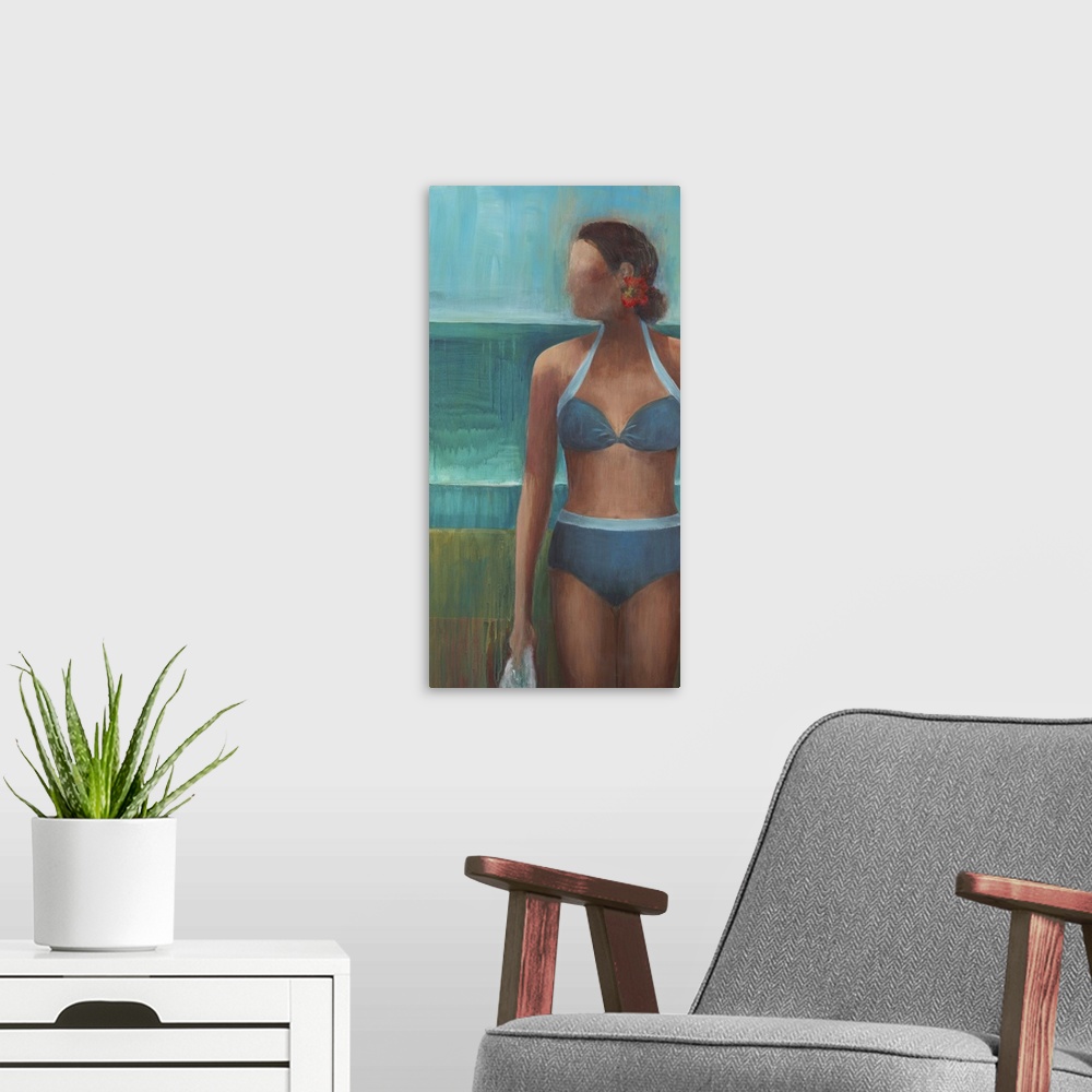 A modern room featuring Contemporary figurative painting of a woman wearing a blue bikini.