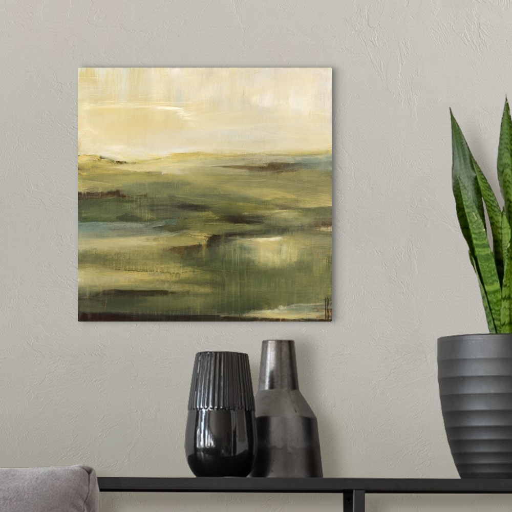 A modern room featuring Contemporary abstract painting of a muted green landscape under a neutral toned sky.