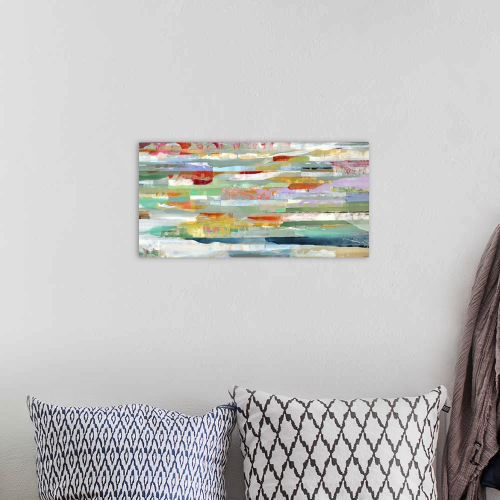 A bohemian room featuring A contemporary abstract painting of multi-colored horizontal lines.