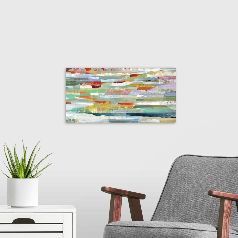 A modern room featuring A contemporary abstract painting of multi-colored horizontal lines.