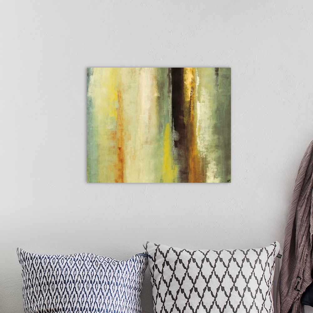A bohemian room featuring Giant abstractly painted canvas with different gradients of colors on a grungy texture.