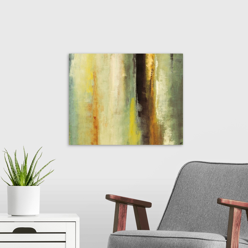 A modern room featuring Giant abstractly painted canvas with different gradients of colors on a grungy texture.