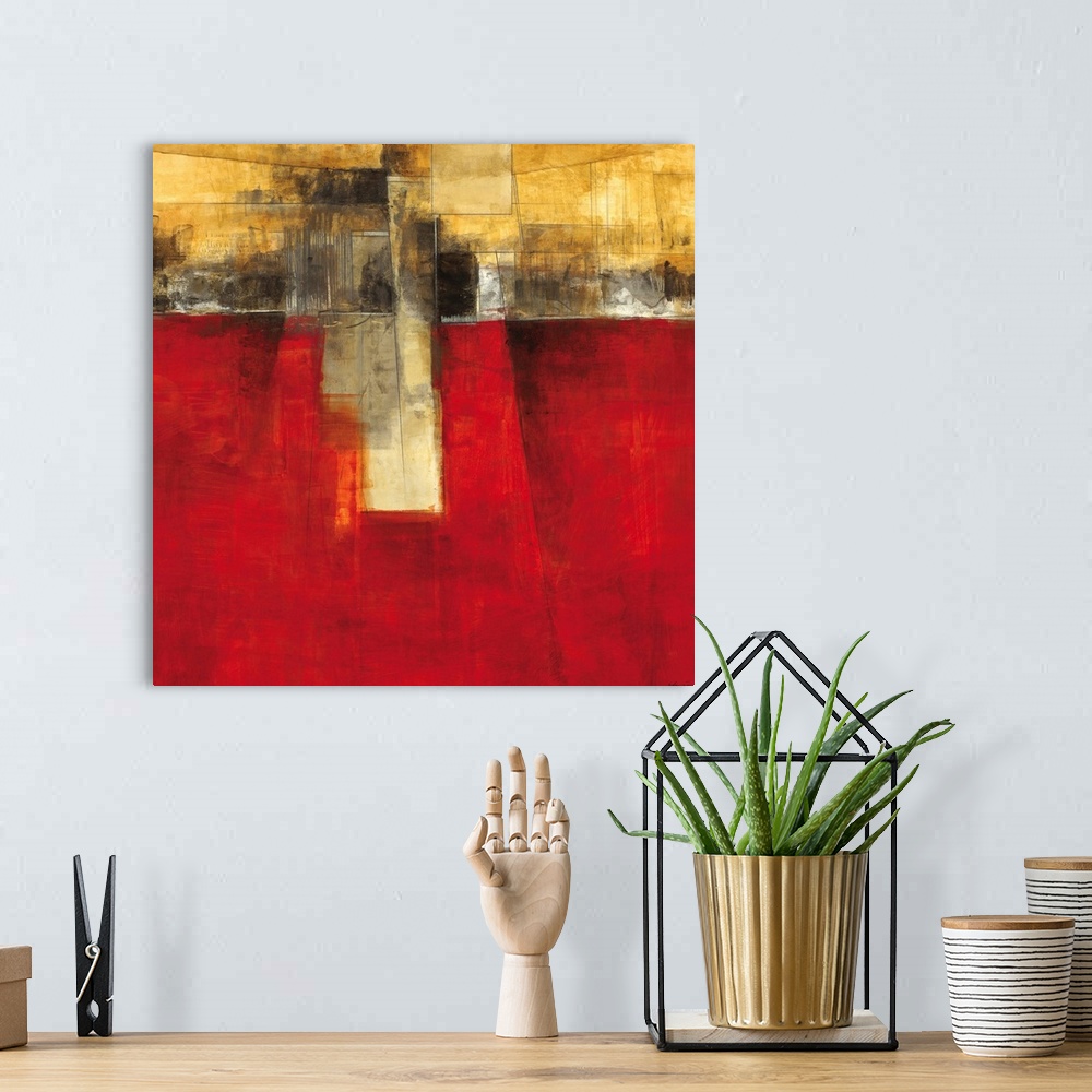 A bohemian room featuring Abstract contemporary artwork featuring straight lines dividing the canvas, bearing a semblance t...
