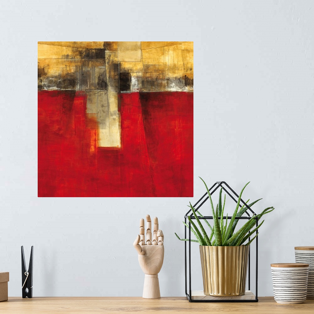 A bohemian room featuring Abstract contemporary artwork featuring straight lines dividing the canvas, bearing a semblance t...