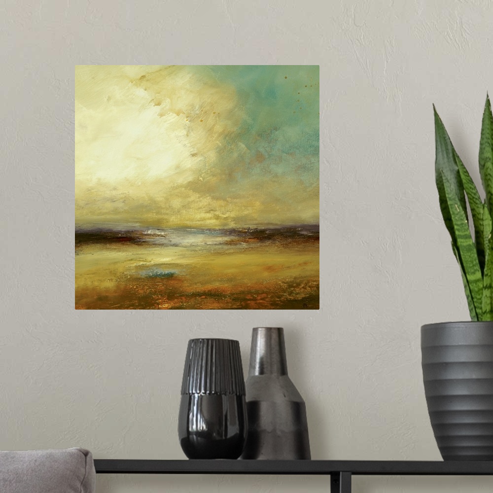 A modern room featuring Large abstract landscape painting showcasing a cloudy sky over a beach and ocean.  This piece is ...