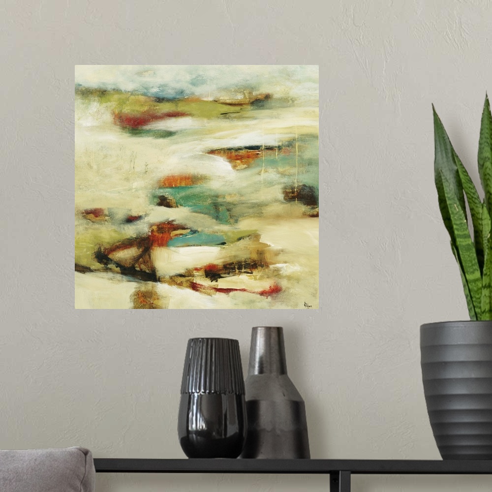 A modern room featuring Soft white wash against cool tones streaked across the canvas in this abstract painting.