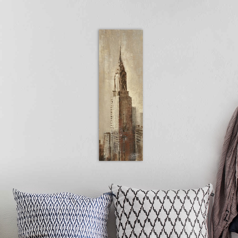 A bohemian room featuring A long vertical contemporary painting of the Chrysler building in New York, done in mute earth to...