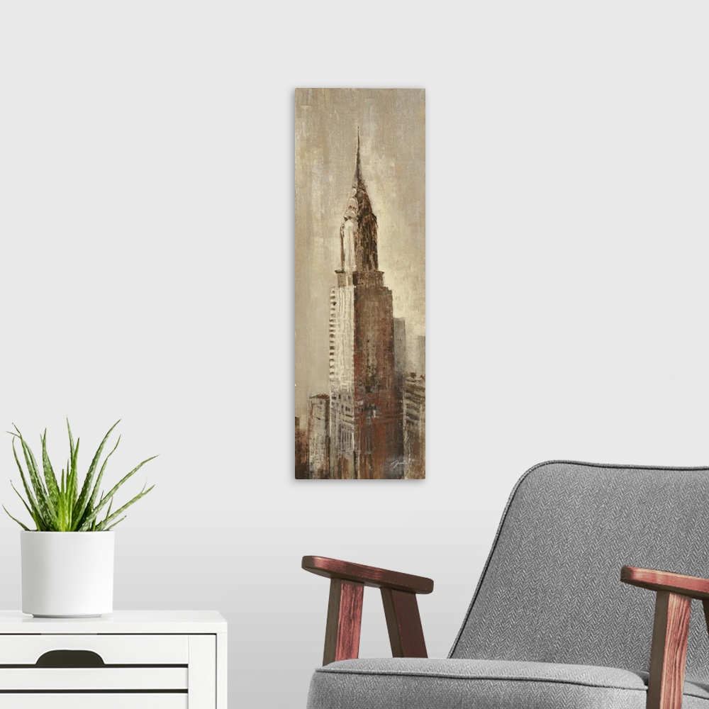 A modern room featuring A long vertical contemporary painting of the Chrysler building in New York, done in mute earth to...