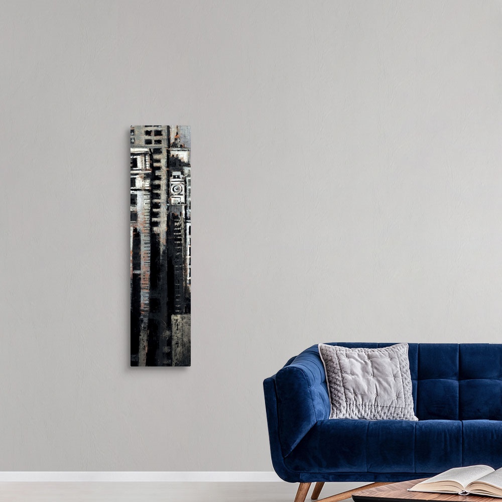 A modern room featuring Contemporary painting of a narrow look into the urban jungle of the New York City skyline.