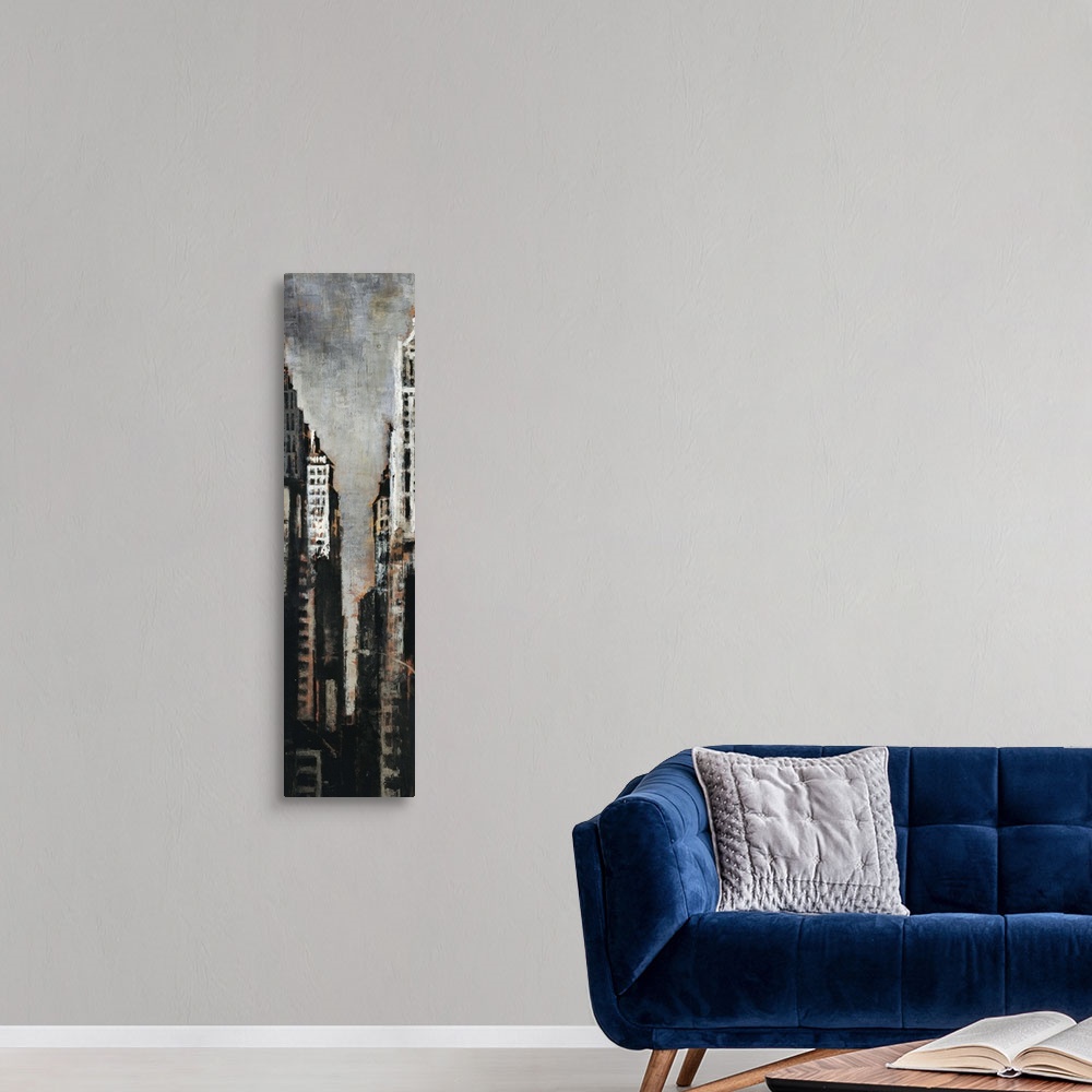 A modern room featuring Contemporary painting of a narrow look into the urban jungle of the New York City skyline.