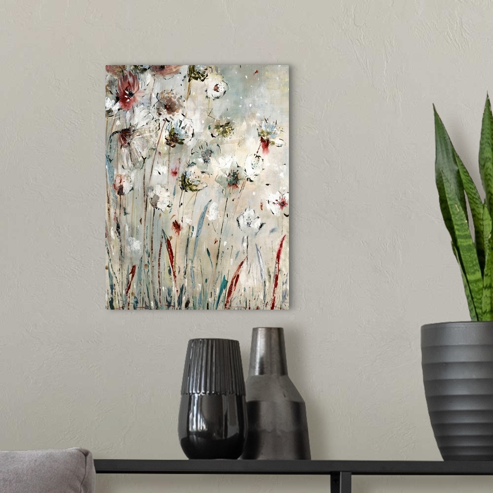 A modern room featuring Abstract painting of long stemmed flowers in shades of red, blue, white, and gray with a little b...
