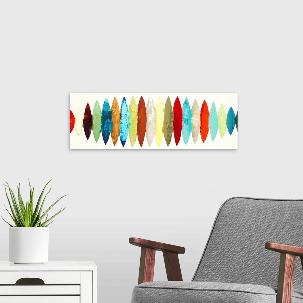 A modern room featuring Panoramic abstract painting with different colored oblong shapes lined up together going across t...