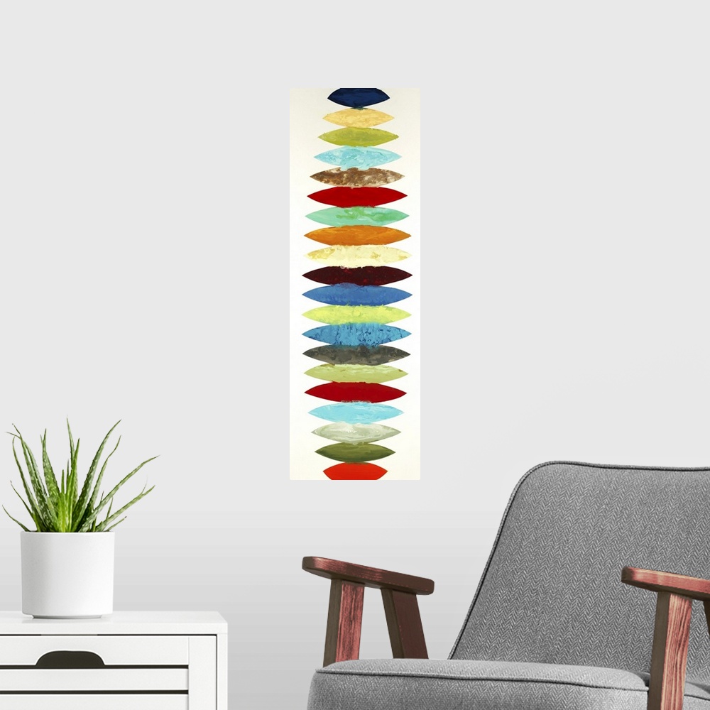 A modern room featuring Vertical panoramic abstract painting with different colored oblong shapes lined up together going...