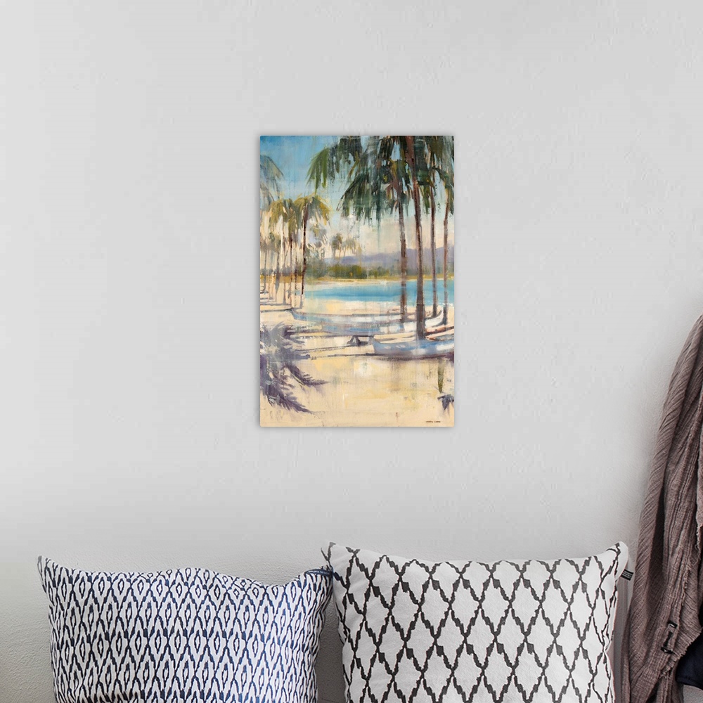 A bohemian room featuring Contemporary landscape painting of a tropical beach scene with tall palm trees and a few canoes w...